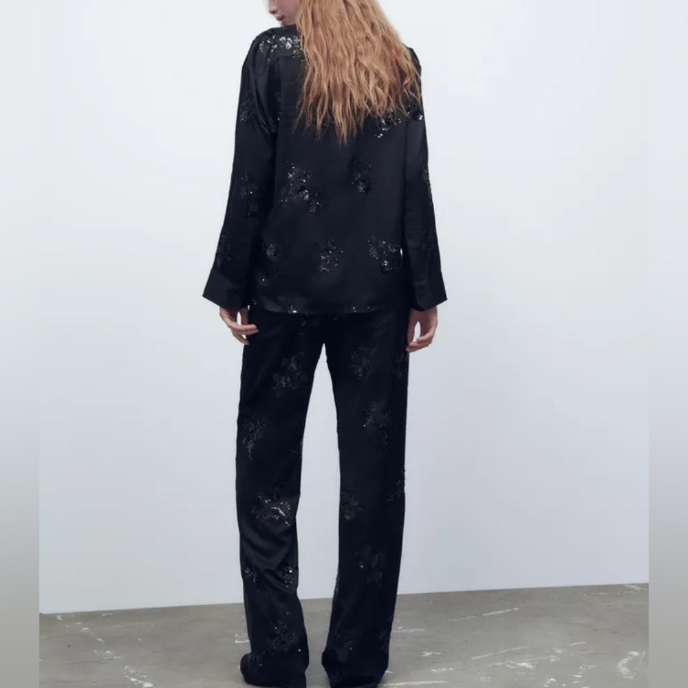 Zara NWOT black sequin satin matching 2 piece set - button shirt & pants - Picture 15 of 15